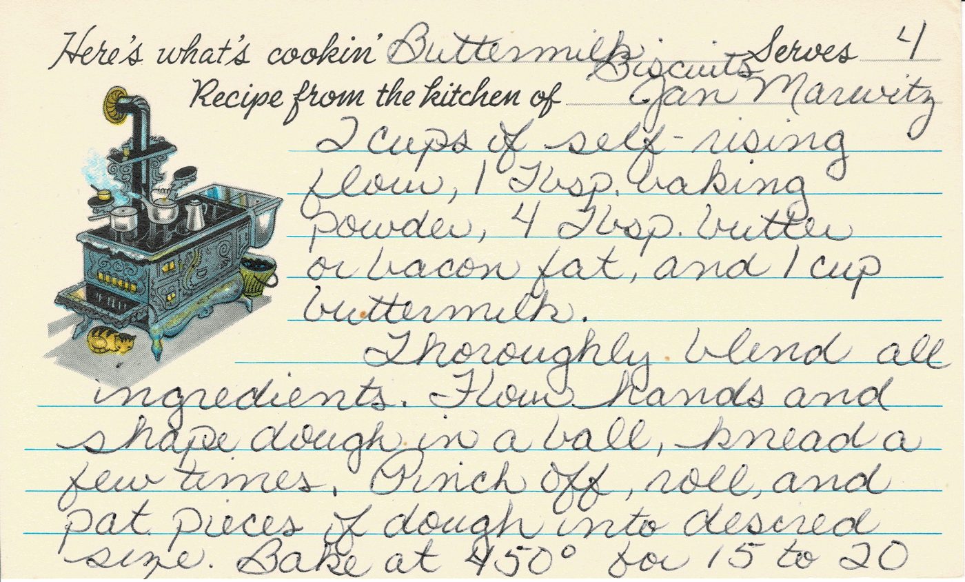 Handwritten recipe card for Buttermilk Biscuits, front side