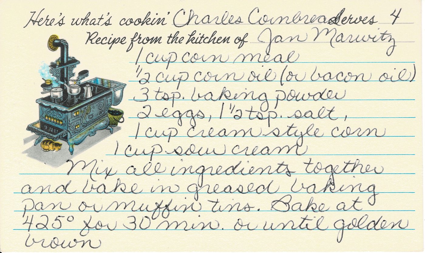 Handwritten recipe card for Charles Cornbread, front side