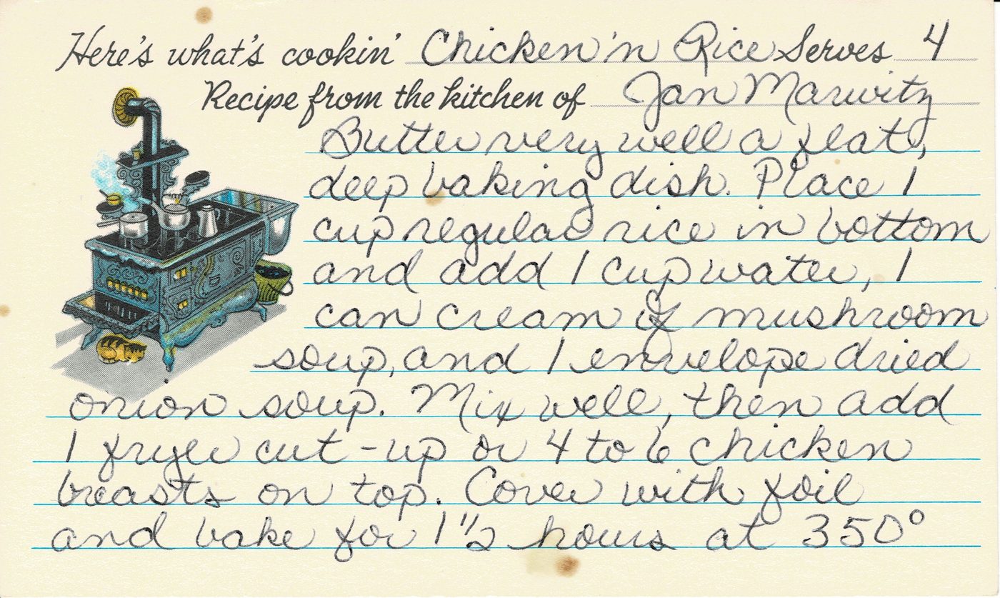 Handwritten recipe card for Chicken 'n Rice, front side