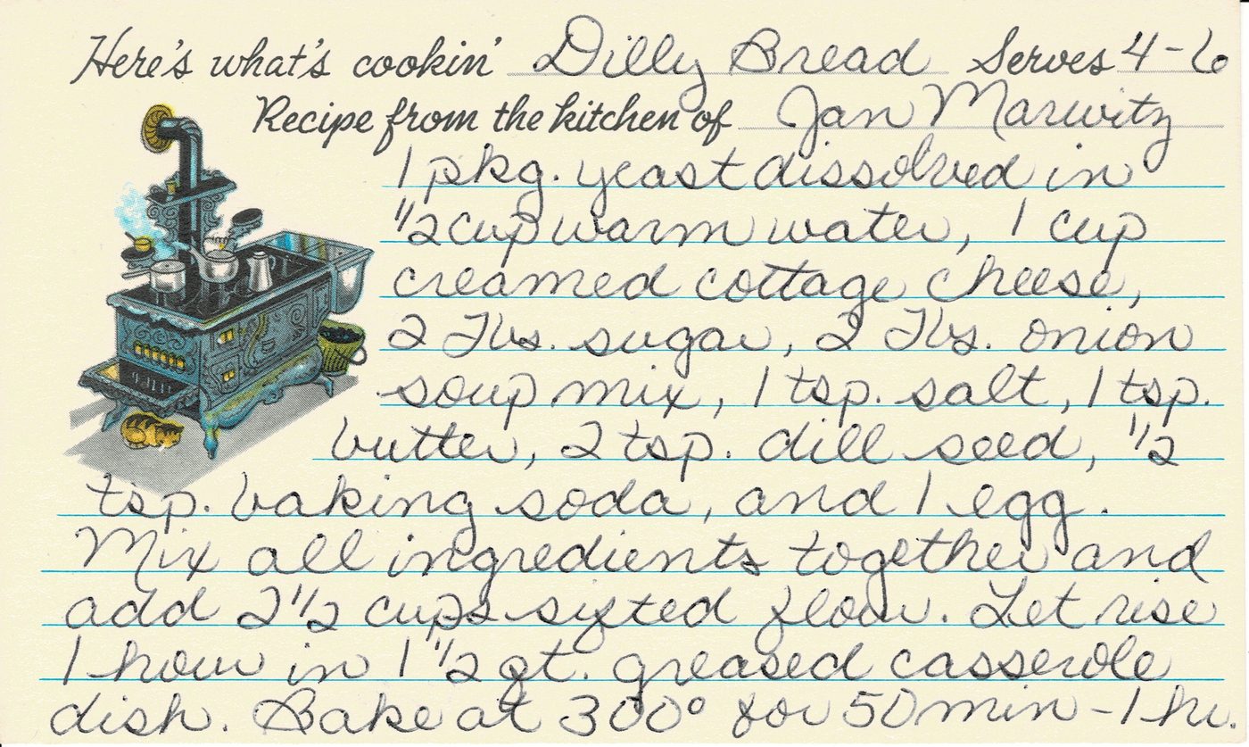 Handwritten recipe card for Dilly Bread, front side