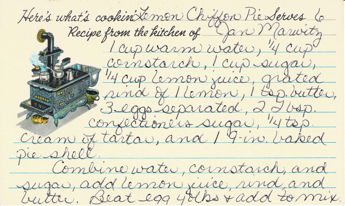 Handwritten recipe card for Lemon Chiffon Pie, front side