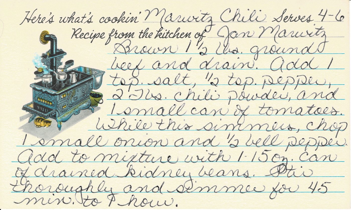Handwritten recipe card for Marwitz Chili, front side