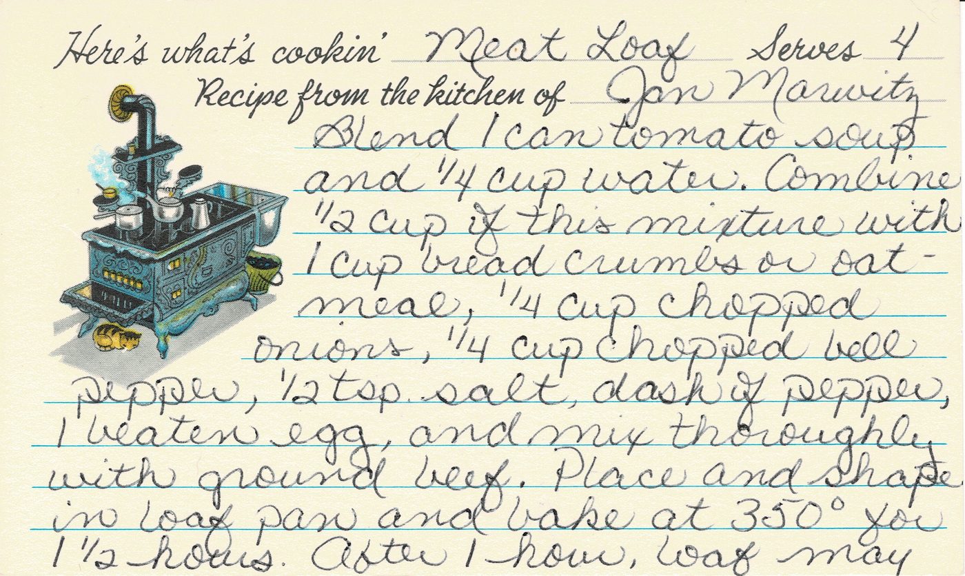 Handwritten recipe card for Meat Loaf, front side