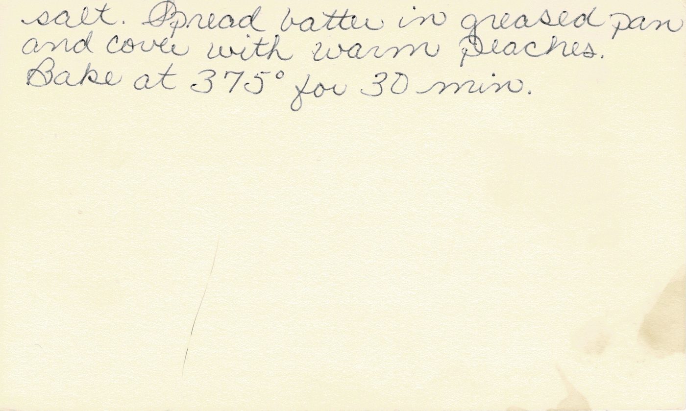 Handwritten recipe card for Peach Cobbler, back side
