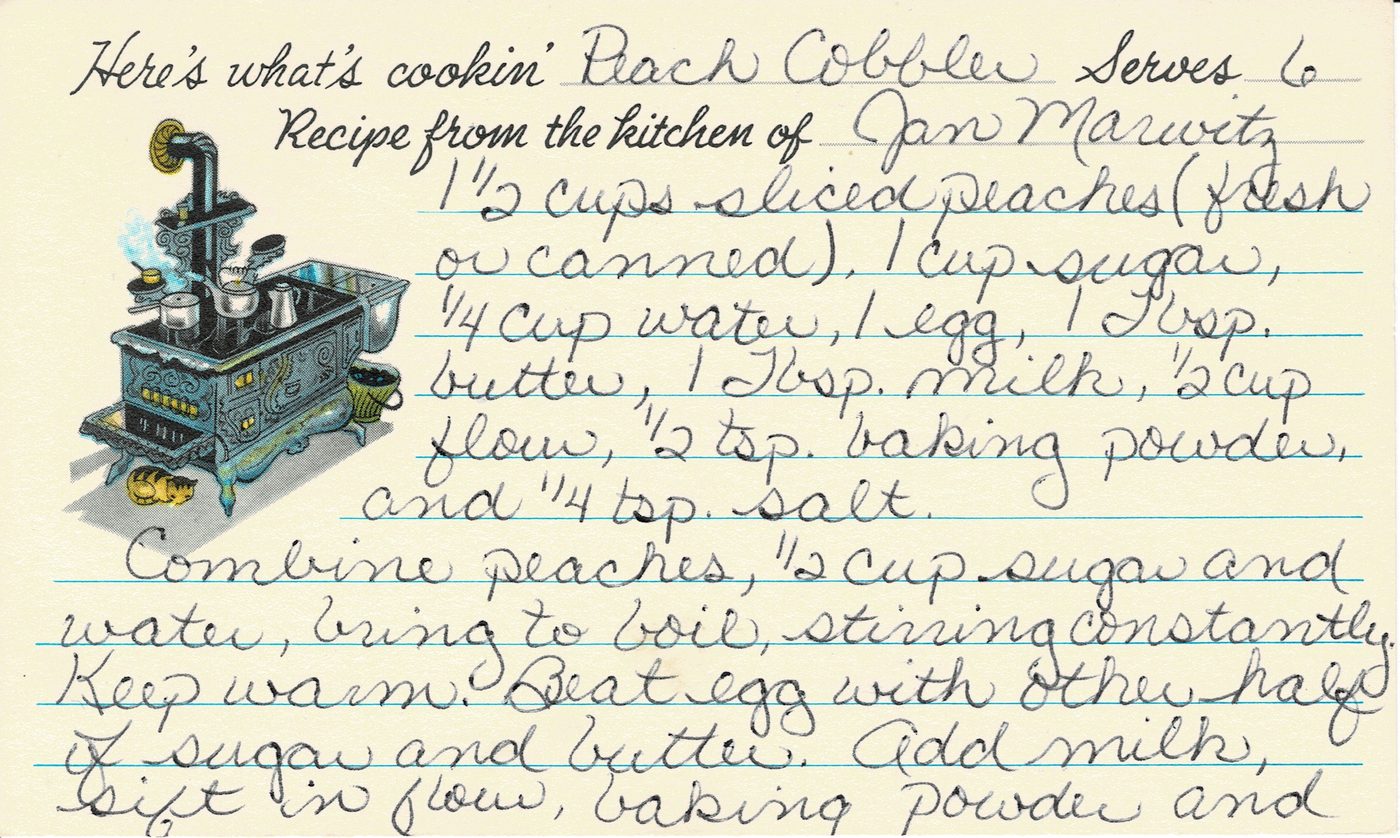 Handwritten recipe card for Peach Cobbler, front side