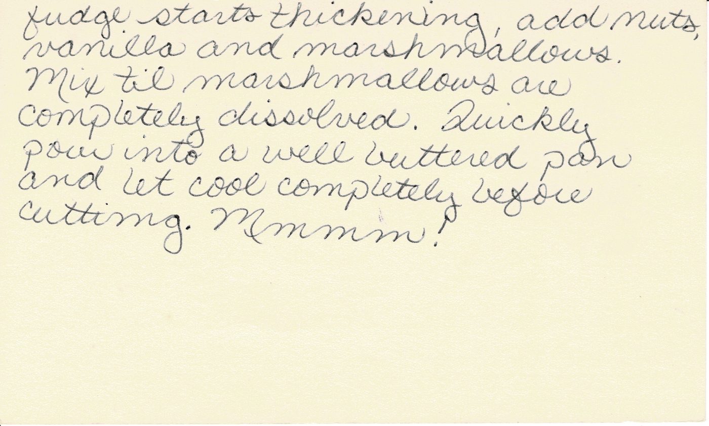 Handwritten recipe card for Perfect Fudge, back side