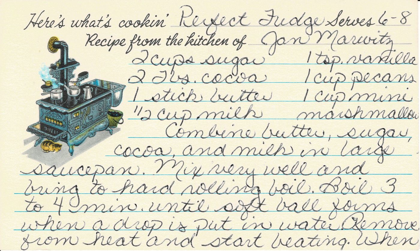Handwritten recipe card for Perfect Fudge, front side