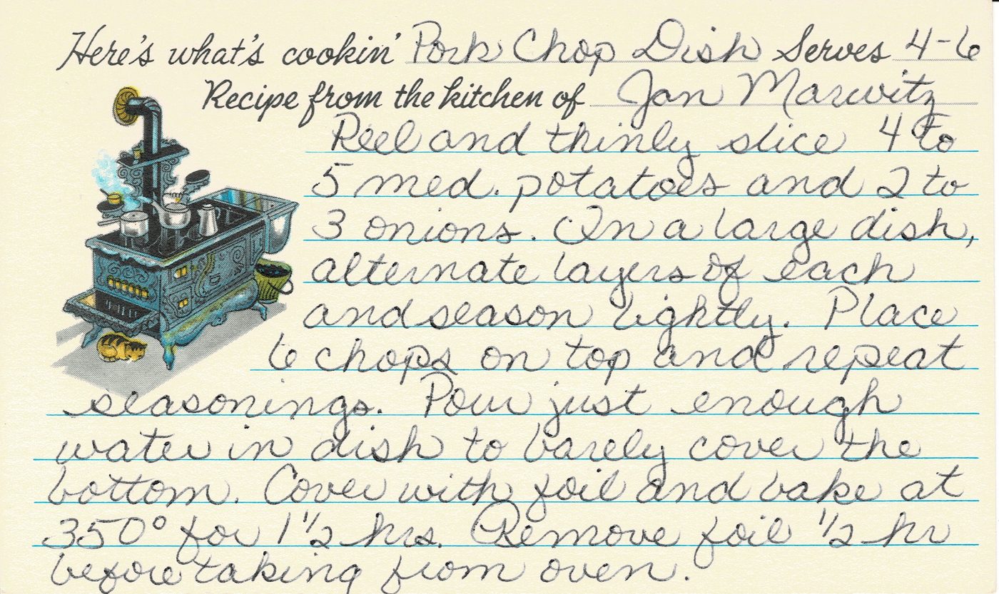 Handwritten recipe card for Pork Chop Dish, front side