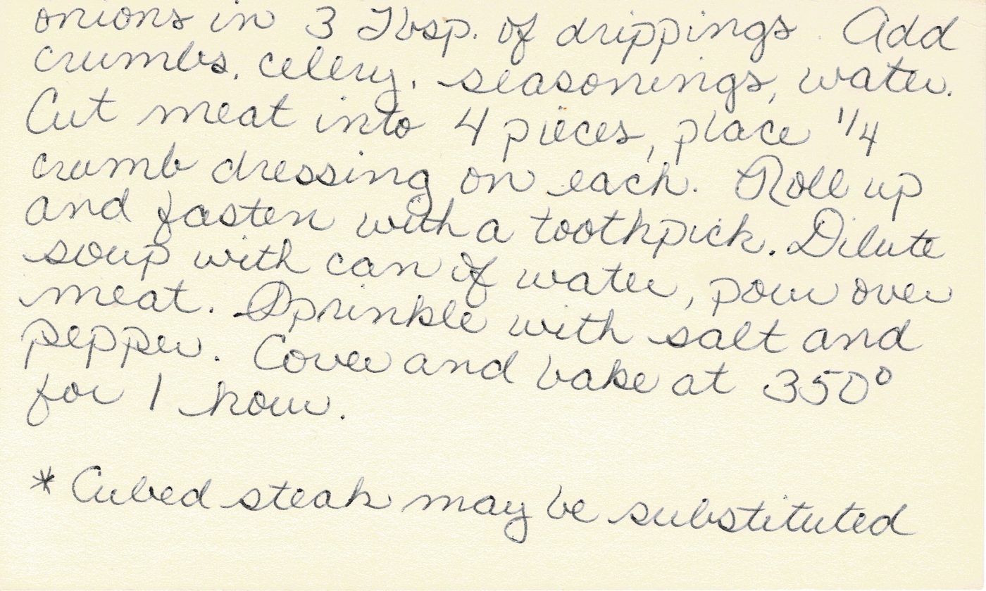 Handwritten recipe card for Round Steak Roll Ups, back side