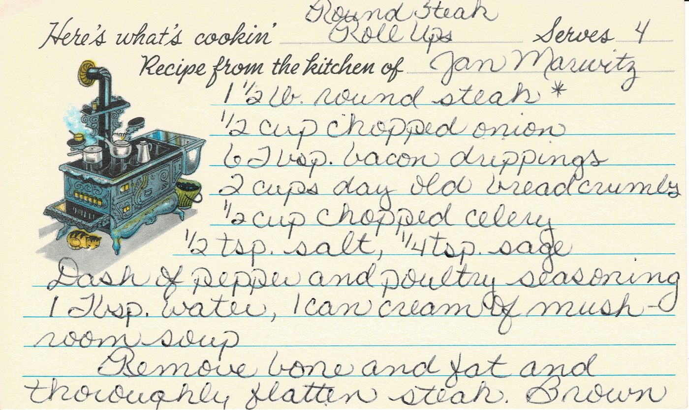 Handwritten recipe card for Round Steak Roll Ups, front side