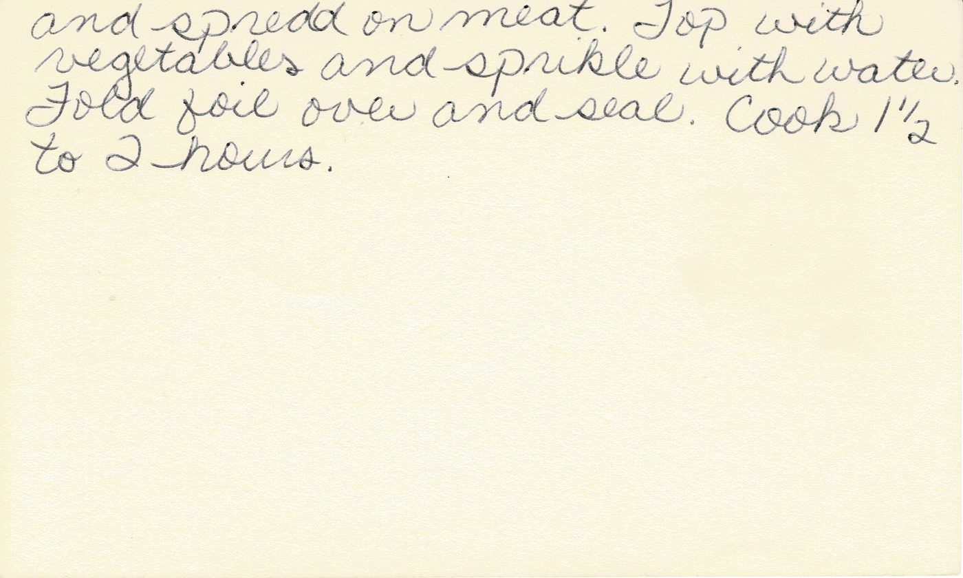 Handwritten recipe card for Steak in Foil, back side