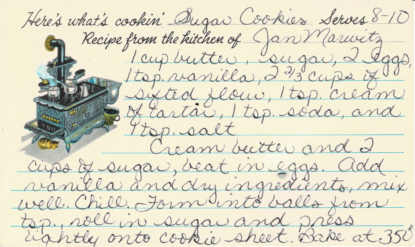 Handwritten recipe card for Sugar Cookies, front side