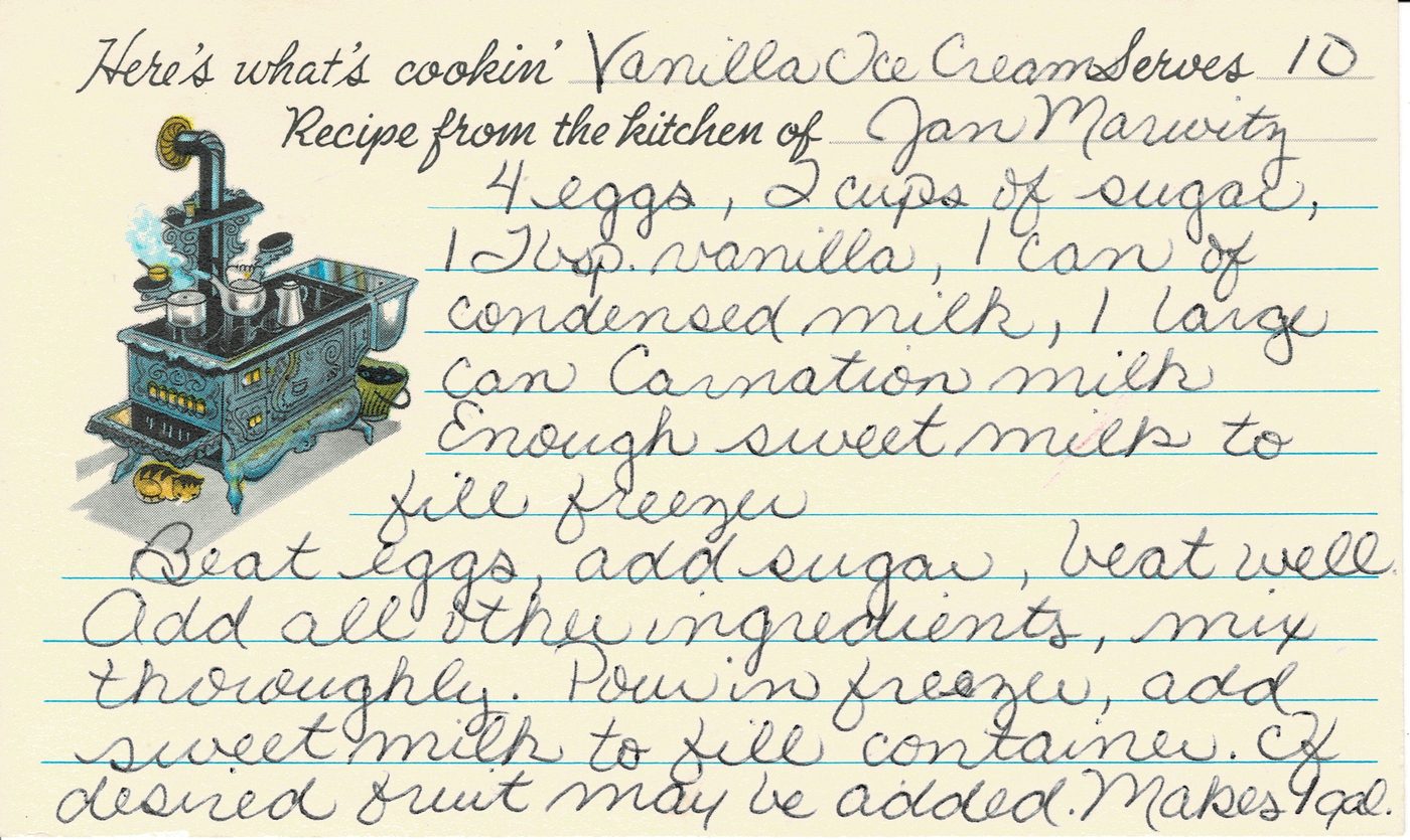 Handwritten recipe card for Vanilla Ice Cream, front side